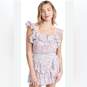 LoveShackFancy Floral Ruffle Dress in Purple and White
